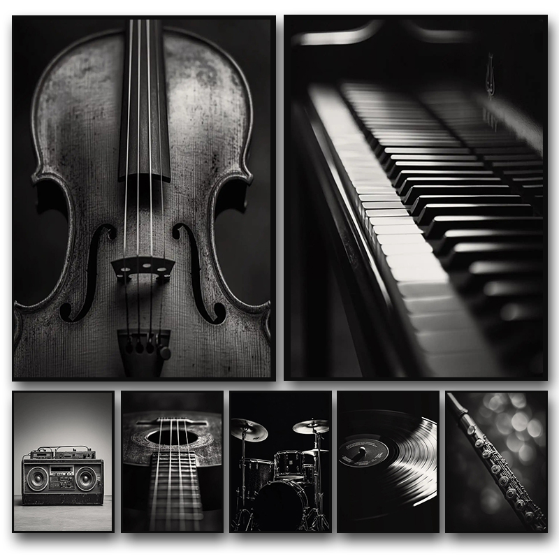 Picture Of Musical Instrument - เครื่องดนตรีคลาสสิก โปสเตอร์ภาพถ่ายไวโอลิน แผ่นเสียงไวนิล แซกโซโฟน ภาพพิมพ์บนผ้าใบ ภาพวาดติดผนัง