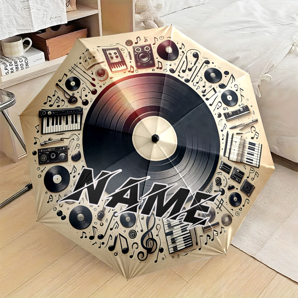 Musical Instrument And Names - ร่มพับลายชื่อตามสั่ง ดีไซน์อัลบั้มเพลงวินเทจพร้อมลายเครื่องดนตรี สำหรับกันแดดและกันฝน ของขวัญ