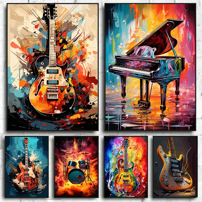 Picture Of Musical Instrument - ภาพศิลปะนามธรรมสีสันสดใส เครื่องดนตรี ชุดกลอง กีตาร์ โปสเตอร์ ภาพพิมพ์