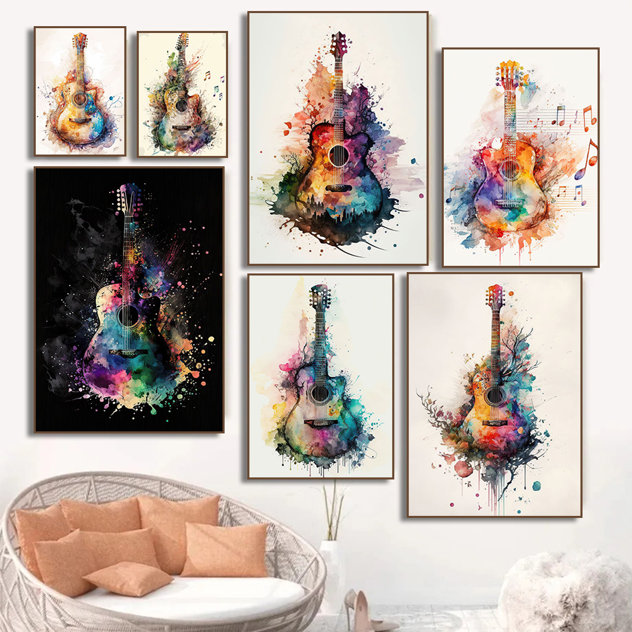 Picture Of Musical Instrument - เครื่องดนตรีกีตาร์สีน้ําศิลปะโปสเตอร์ภาพวาดผ้าใบผนังพิมพ์ภาพเด็กตกแต่งบ้าน