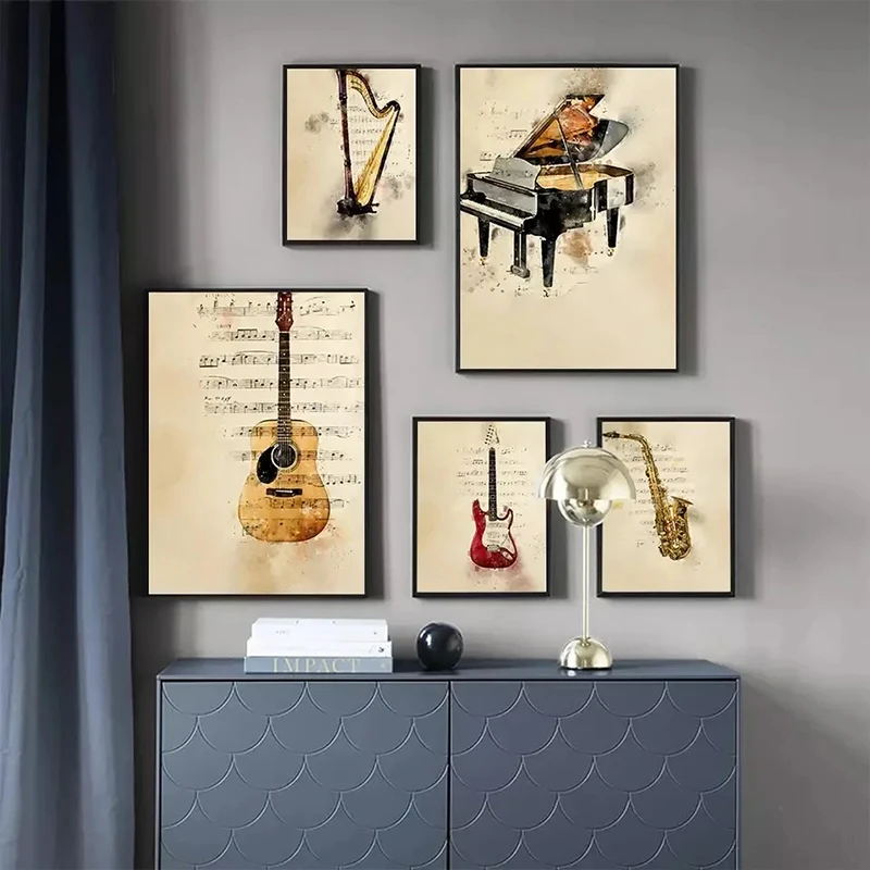 Picture Of Musical Instrument - เครื่องดนตรีเปียโนกีตาร์สไตล์วินเทจพิมพ์ภาพบนผ้าใบโปสเตอร์ศิลปะติดผนังโน้ตดนตรีนอร์ดิกตกแต่งบ้านภาพพิมพ์