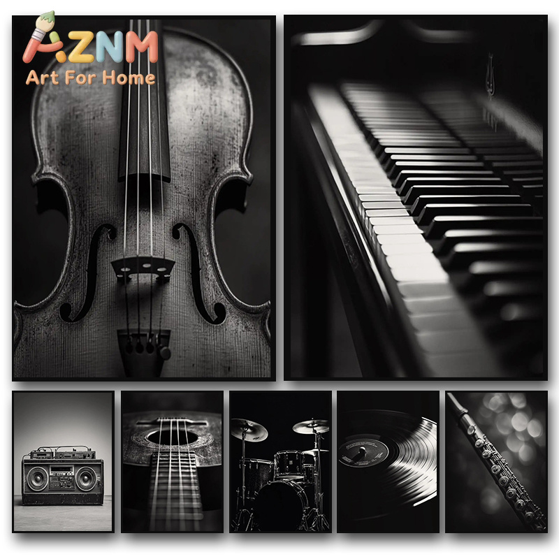 Picture Of Musical Instrument - โปสเตอร์ภาพถ่ายเครื่องดนตรีคลาสสิก ไวโอลิน แผ่นเสียงไวนิล แซกโซโฟน ภาพพิมพ์บนผ้าแคนวาส ภาพตกแต่งผนังสำหรับห้องพักอาศัย