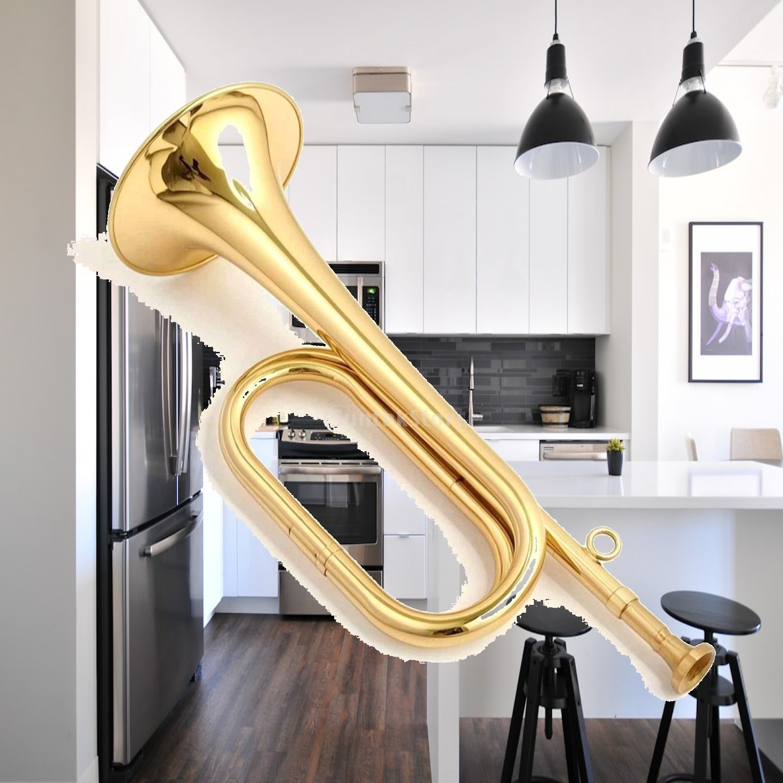 Musical Instrument Bugle - แตรลมทองเหลืองขนาดเล็กพร้อมห่วงนิ้วสำหรับฝึกซ้อมวงดนตรีและตกแต่งโชว์