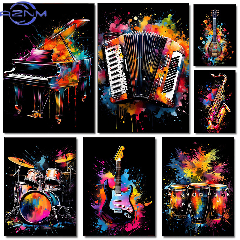 Picture Of Musical Instrument - คลาสสิกแฟชั่นเครื่องดนตรีเปียโนกีตาร์เทศกาลดนตรีโปสเตอร์ภาพวาดผ้าใบศิลปะบนกำแพงภาพสตูดิโอดนตรีตกแต่งบ้าน