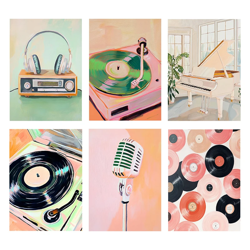 Picture Of Musical Instrument - (ไม่มีกรอบ) โปสเตอร์ศิลปะดนตรีย้อนยุค ภาพพิมพ์เครื่องดนตรีและเครื่องเล่นแผ่นเสียง ภาพวาดบนผ้าใบสำหรับตกแต่งผนัง ภาพศิลปะสำหรับห้องนั่งเล่นและห้องดนตรี